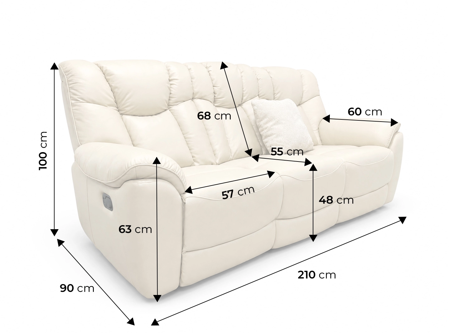 Trivietė sofa su reglaineriais COMFORT su matmenimis